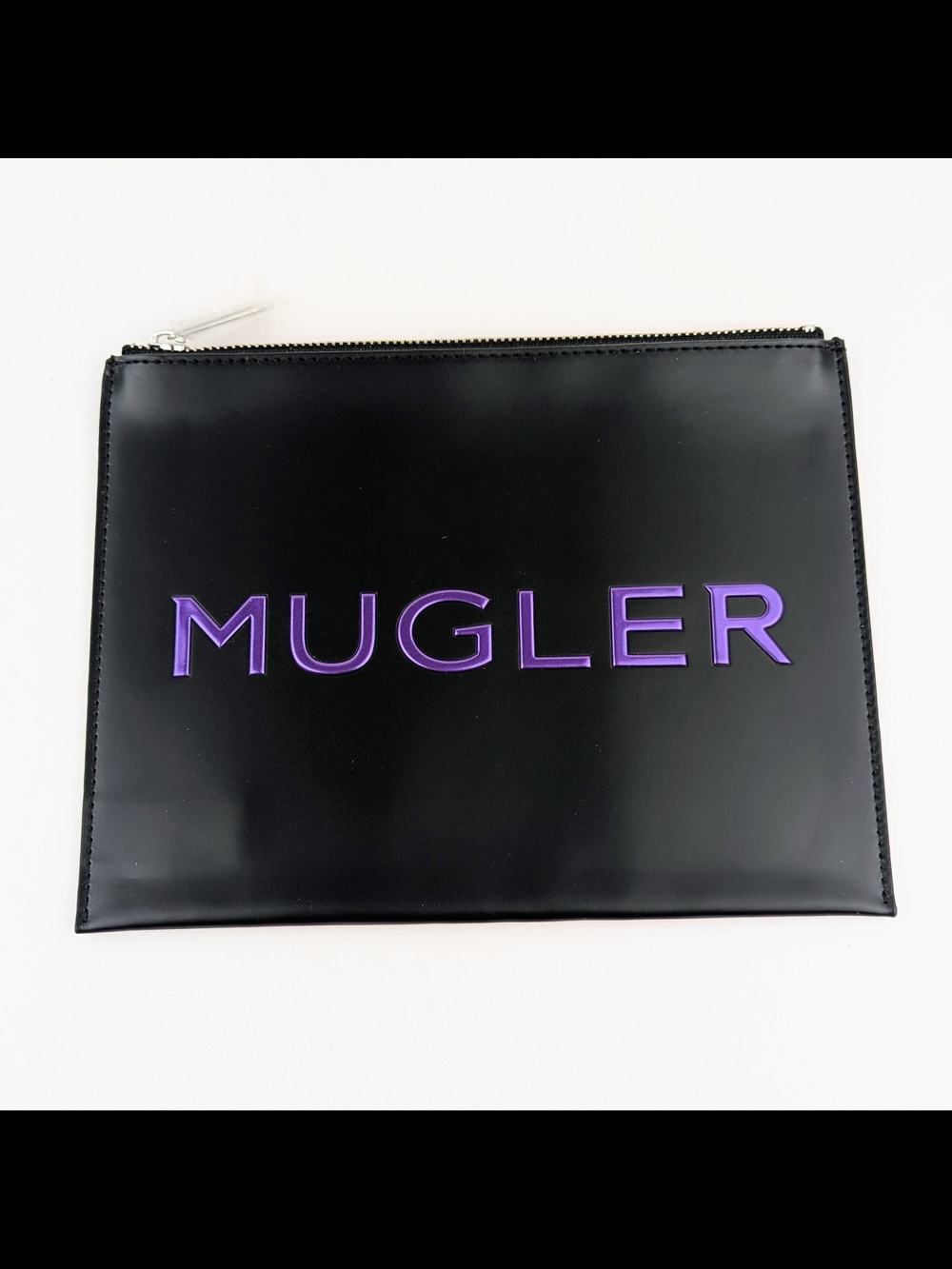 Mugler Parfums Smooth Black Vegan Leather Zip Pouch with Purple Logo Lettering